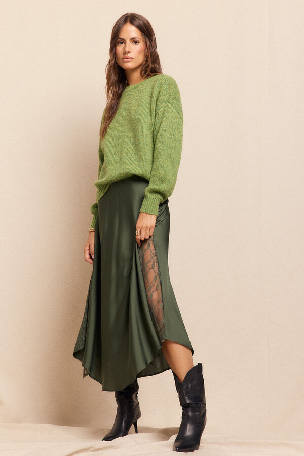 Slowlove Saia longa de cetim com renda Verde