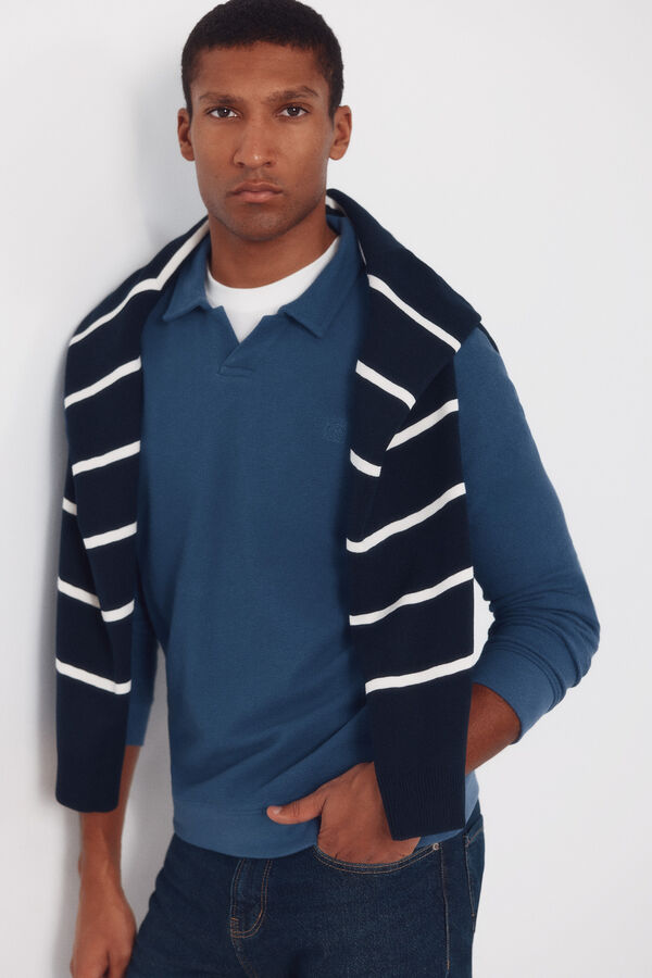 Cortefiel Long sleeve link structure polo shirt Blue