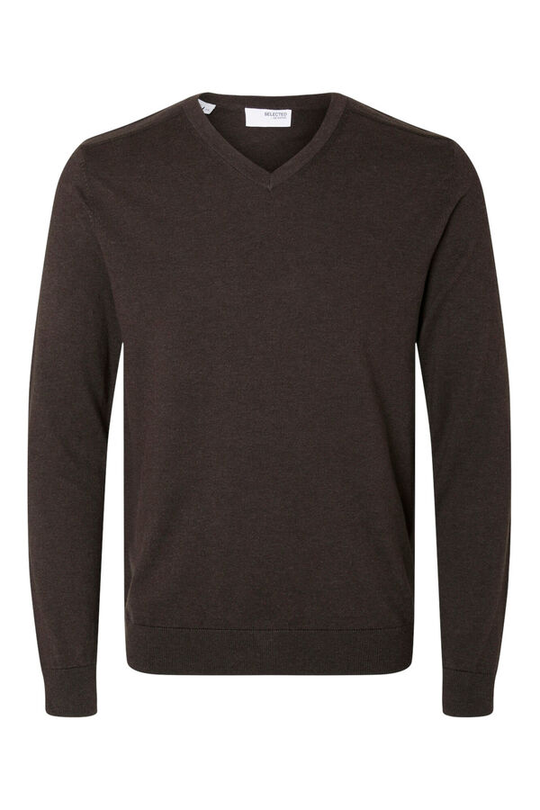 Selected Camisola com gola em V confecionada em algodão orgânico. Corte Regular Fit. Castanho