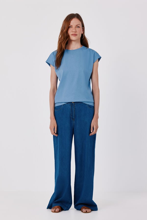 Cortefiel Basic t-shirt with gold buttons Blue