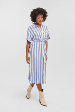 Cortefiel Striped midi shirt dress with linen Royal blue