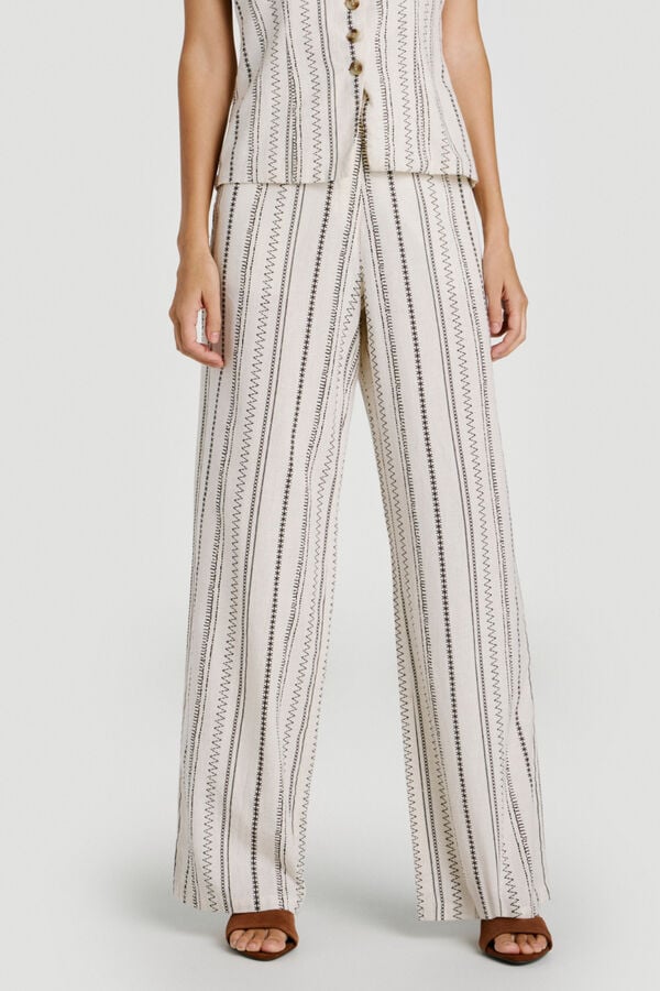 Vila Cal&ccedil;a comprida com estampado &eacute;tnico em algod&atilde;o e linho Tostado