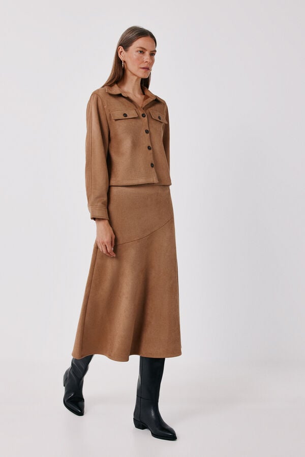 Cortefiel Faux leather midi skirt Beige