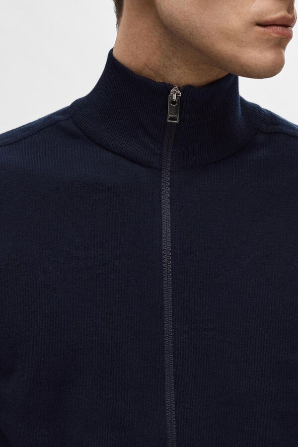 Selected High neck cardigan made of organic cotton. Regular fit.  Navy