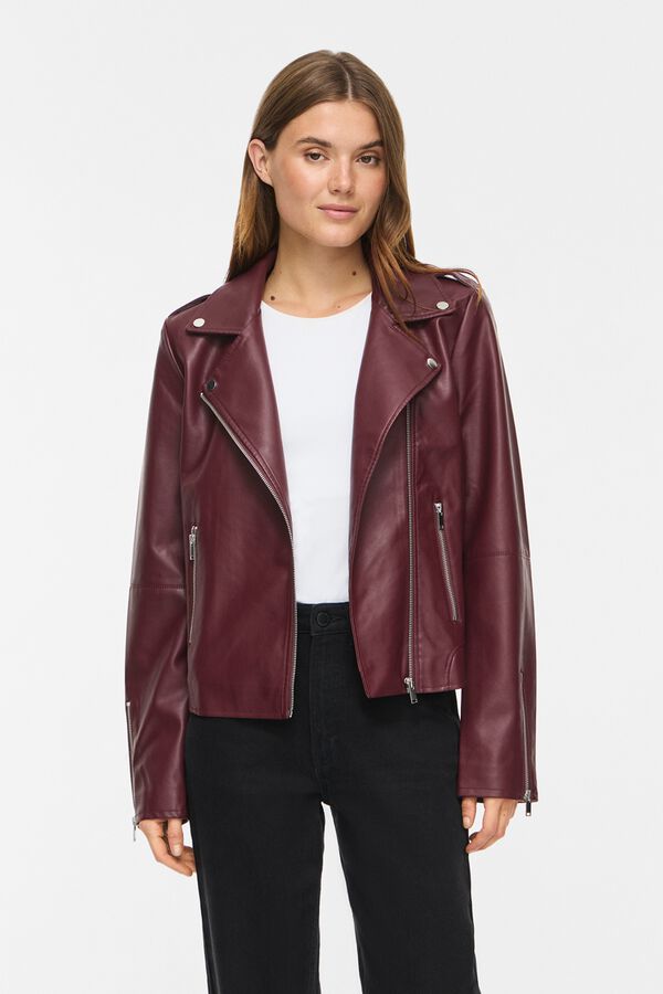 Vila Faux leather biker jacket Maroon
