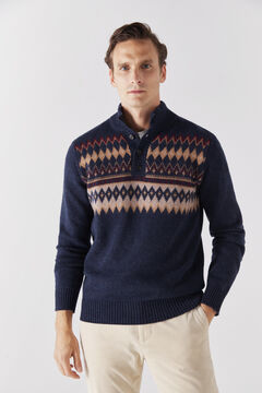 Cortefiel Jacquard trucker neck jumper with buttons Navy