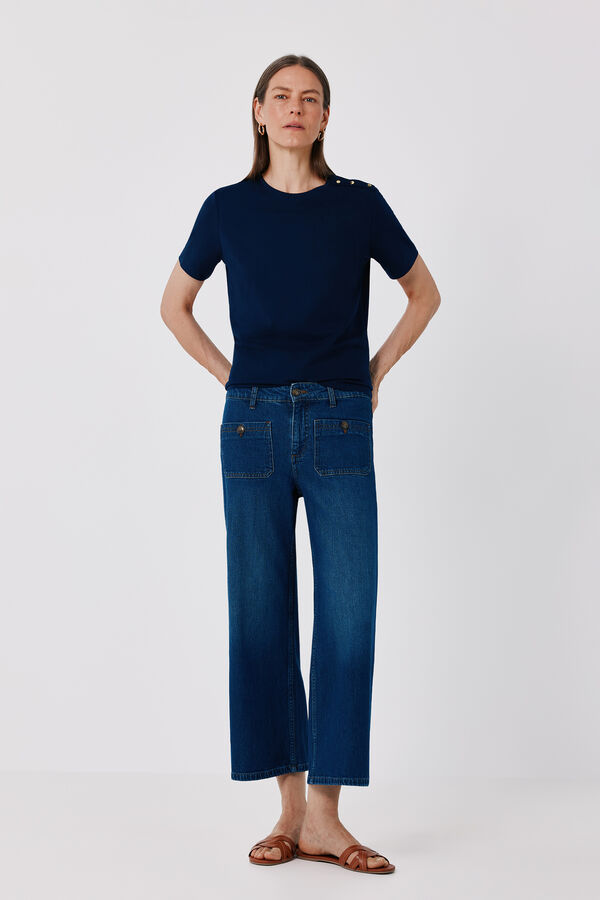 Cortefiel Gold button basic T-shirt Navy