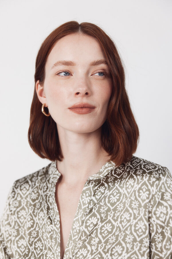 Cortefiel Printed satin mandarin shirt Printed green