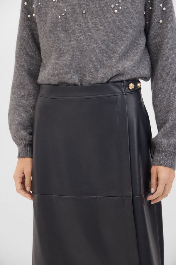 Cortefiel Faux leather crossover skirt Black