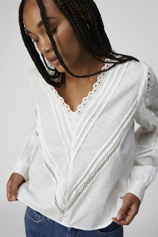 Cortefiel Blouse with lace and perforated embroidery White