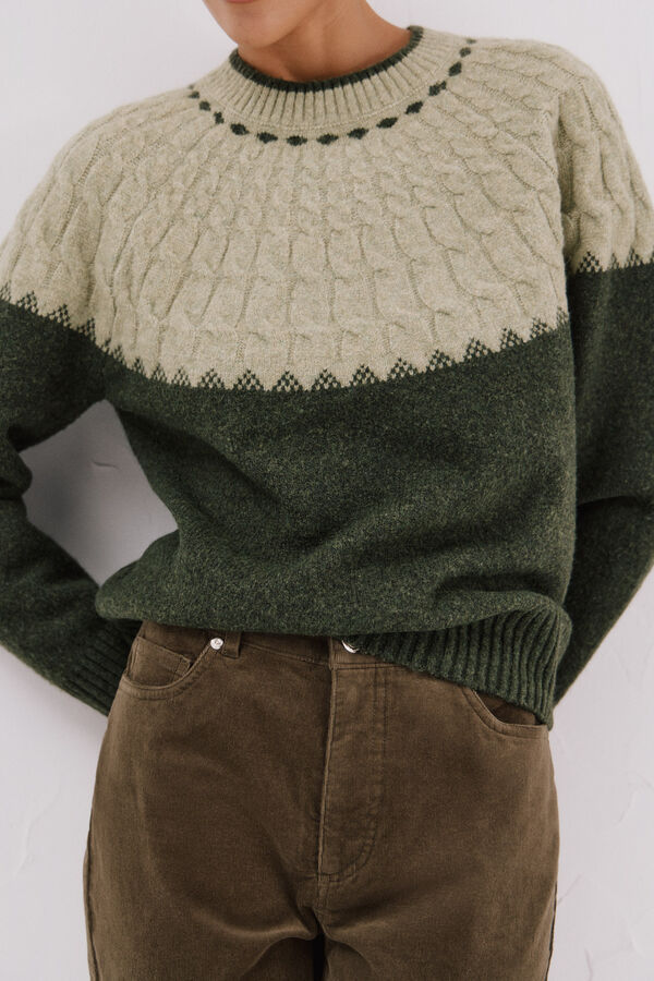 Cortefiel Contrast cross-knit jumper Green