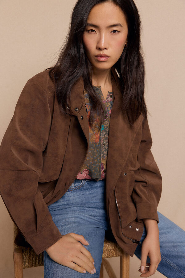 Slowlove Blusão motard efeito pele Tostado