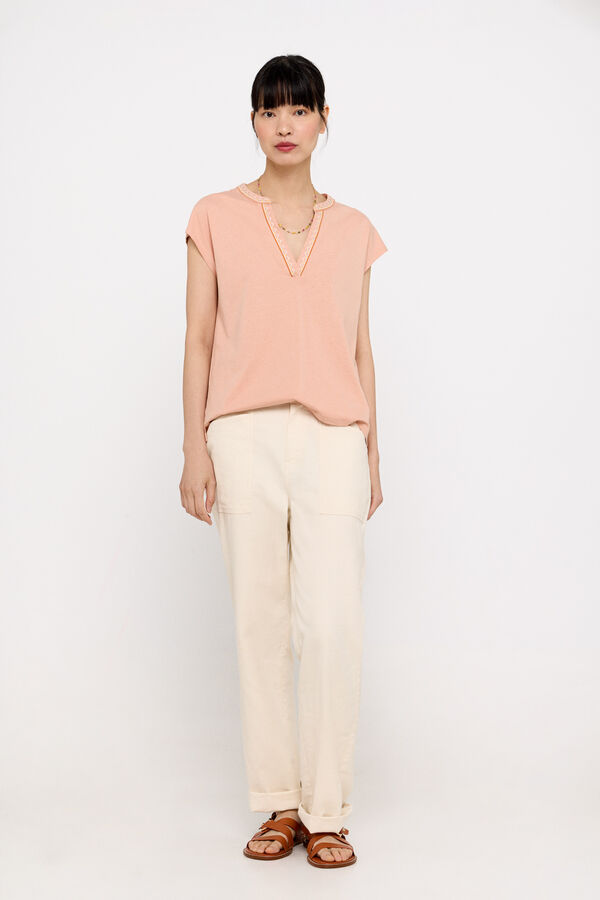 Cortefiel Embroidered T-shirt with mandarin collar Coral