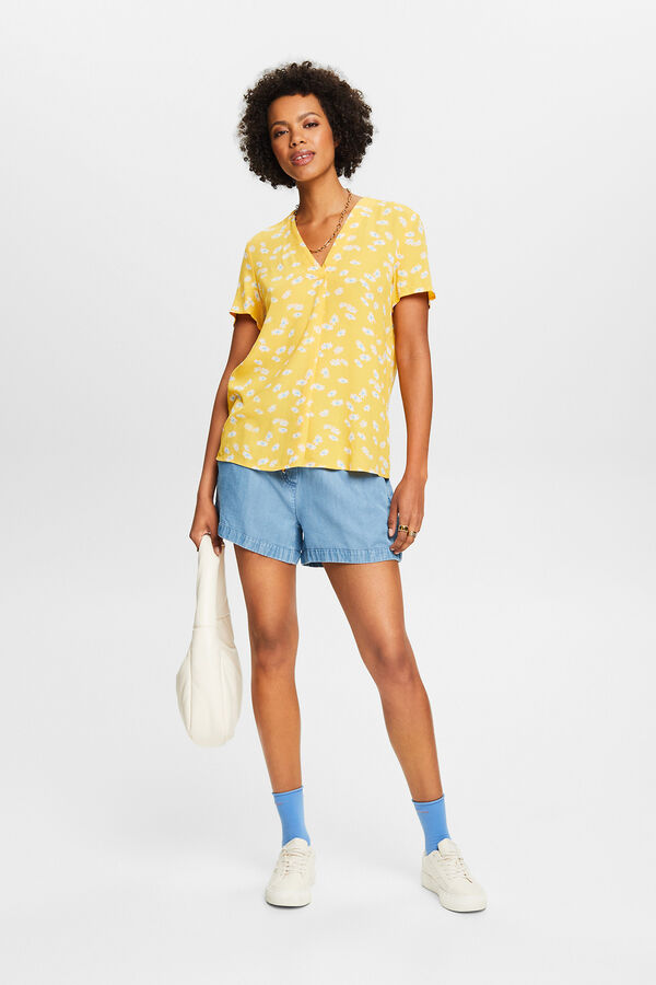 Cortefiel Floral print viscose short-sleeved blouse Printed yellow