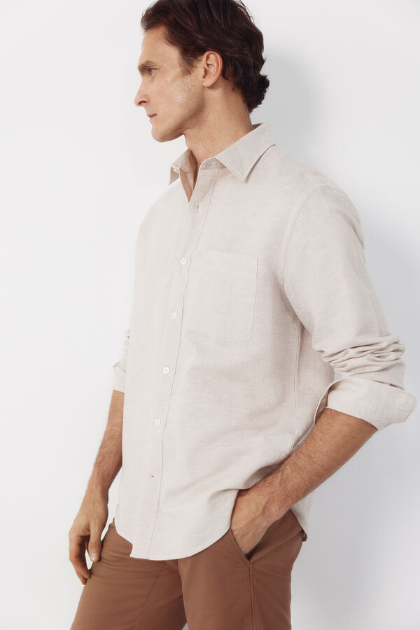 Cortefiel Striped linen cotton shirt Beige