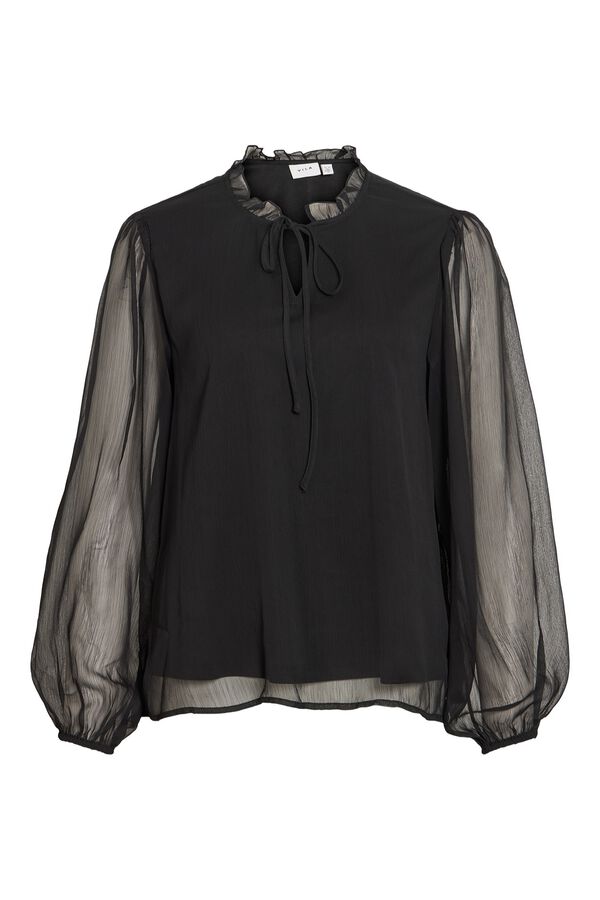 Vila Blusa semitransparente com gola franzida Preto