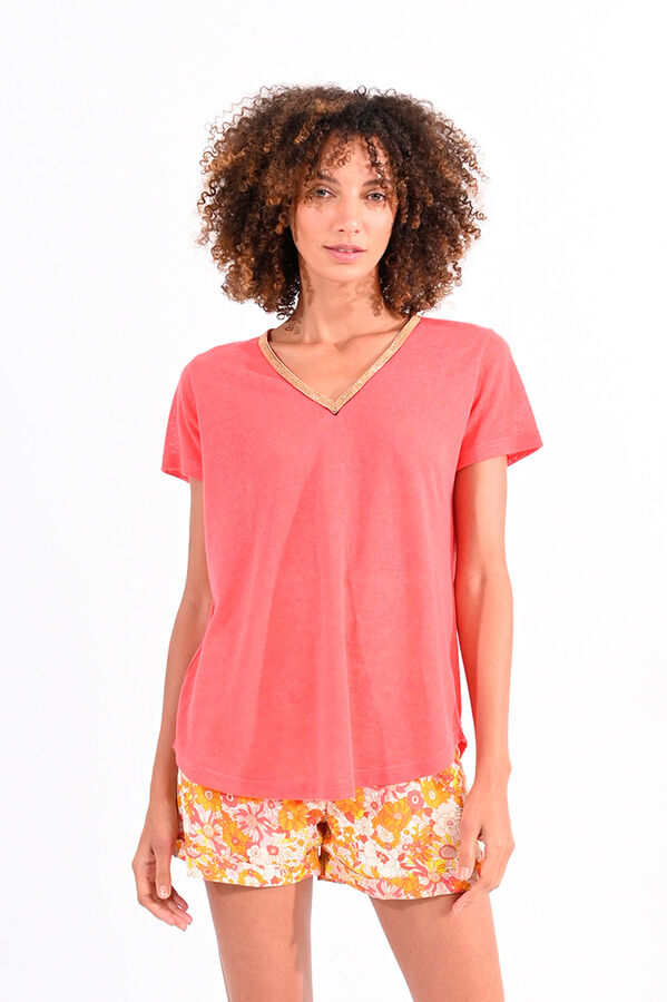 Cortefiel Women's short-sleeved T-shirt with detail on the neckline Orange