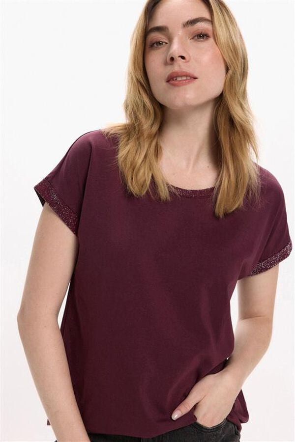 Vila T-shirt de algodão orgânico com manga manga e glitter Roxo