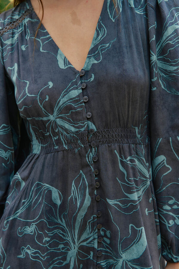 Jaase Vestido longo Carmen de manga comprida com estampado de lírio da meia-noite Cinzento