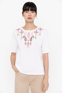 Cortefiel Round neck embroidered T-shirt White