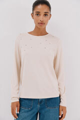 Cortefiel T-shirt with pearl and rhinestone details Ivory