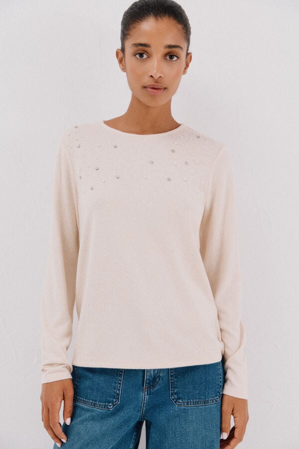 Cortefiel T-shirt with pearl and rhinestone details Ivory