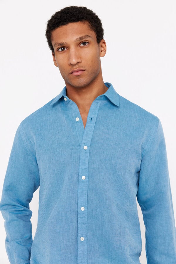 Cortefiel Camisa lino algodón liso Azul
