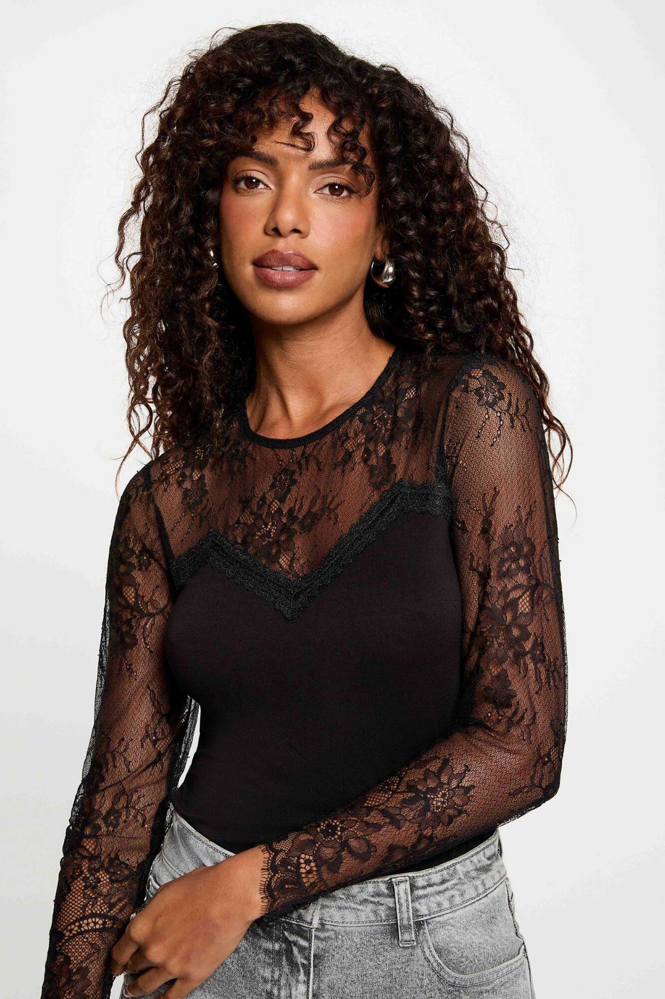 Morgan T-shirt de renda com gola redonda