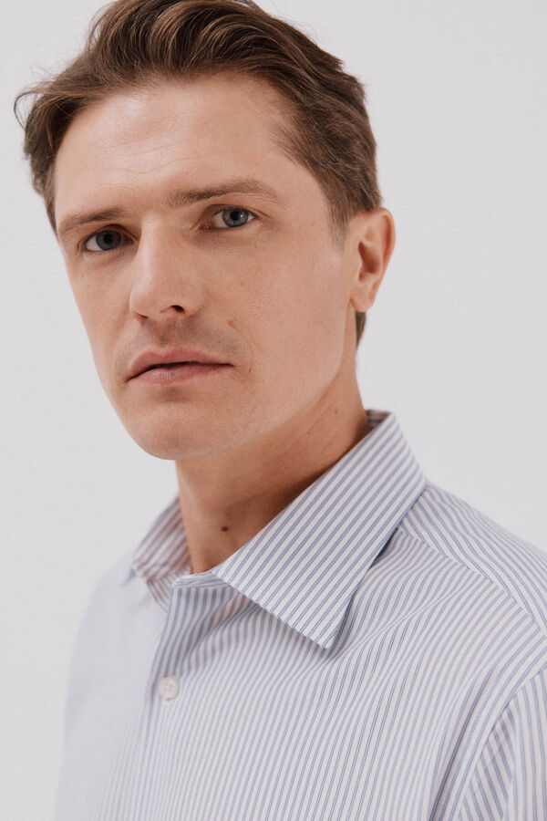 Cortefiel Tencel cotton striped dress shirt Navy