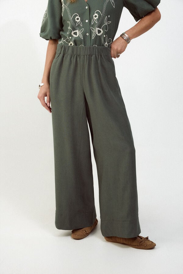 Slowlove Pantal&oacute;n ancho de lino lavado Verde