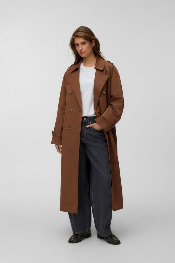 Vero Moda Long trench coat with belt Dark brown