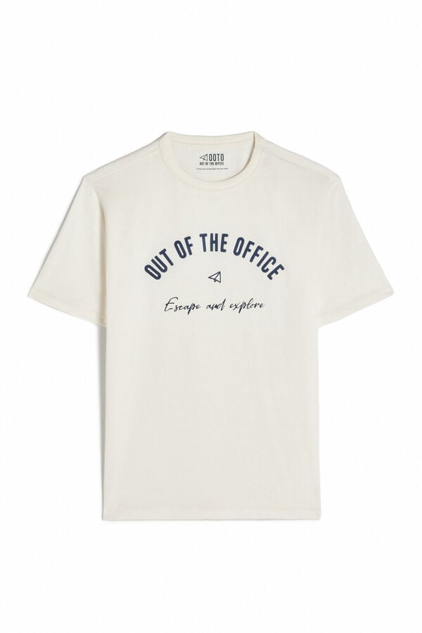 Cortefiel T-shirt with Out of the Office embroidery Ivory