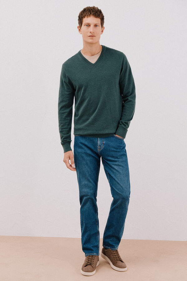 Cortefiel Cotton/cashmere V-neck jumper Dark green