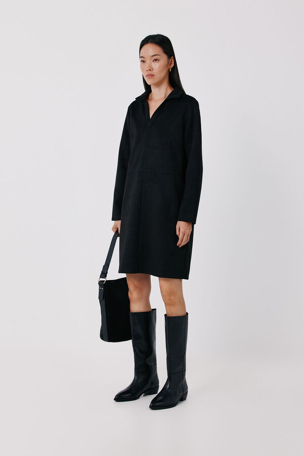 Cortefiel Faux suede polo neck dress Black