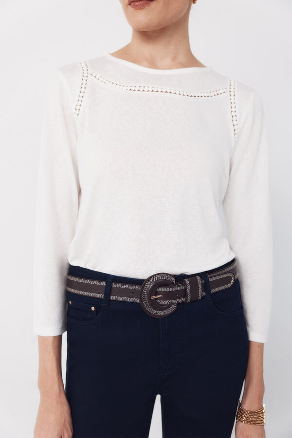 Cortefiel Hemstitch detail t-shirt Ivory