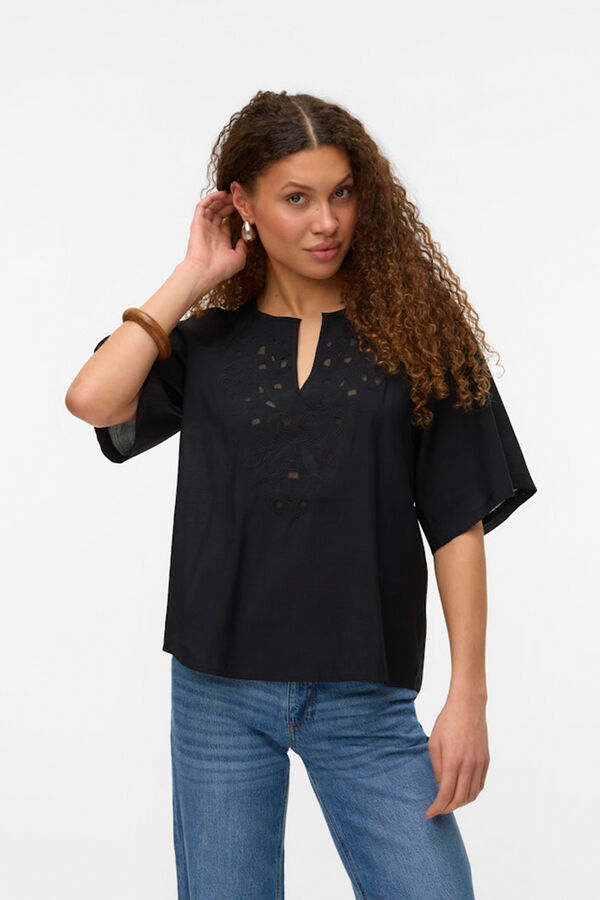 Vero Moda 2/4 sleeve blouse with embroidery Black
