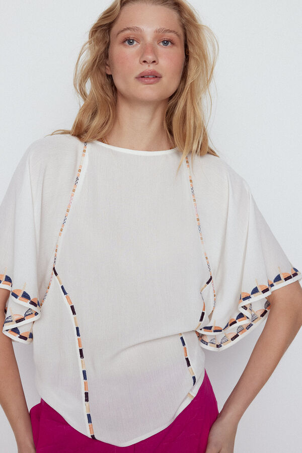 Cortefiel Embroidered ruffled blouse White