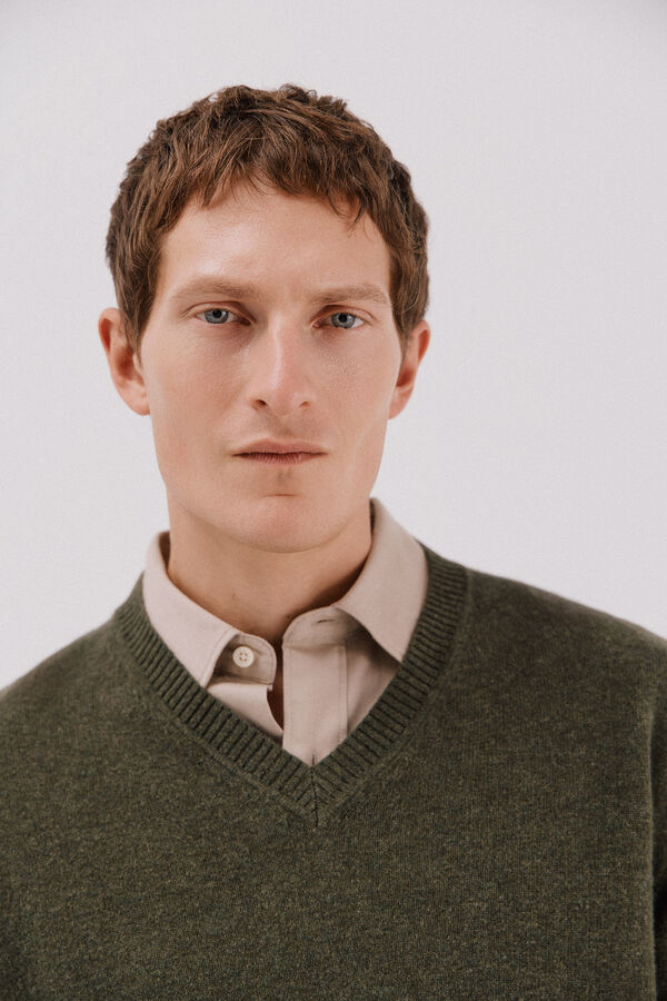 Cortefiel Jersey lana lambswool pico redondo Kaki