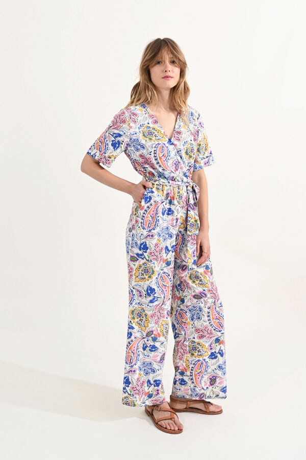 Cortefiel Women's long jumpsuit with printed motif and tie detail Multicolour