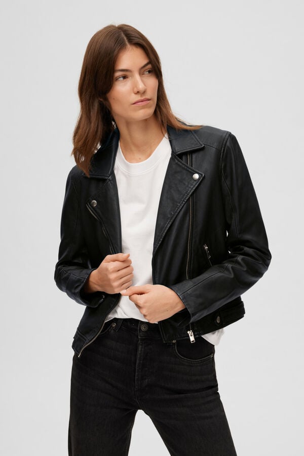 Cortefiel Cropped biker jacket in 100% lambskin.  Black