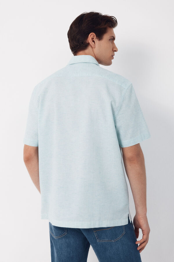 Cortefiel Checked cotton linen short sleeve shirt Green