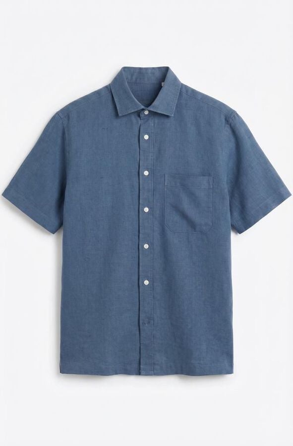 Cortefiel Camisa algod&oacute;n lino lisa manga corta Azul marino