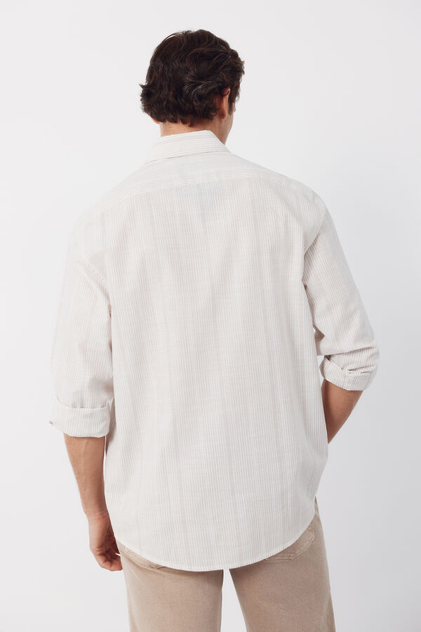 Cortefiel Striped cotton slub shirt Beige