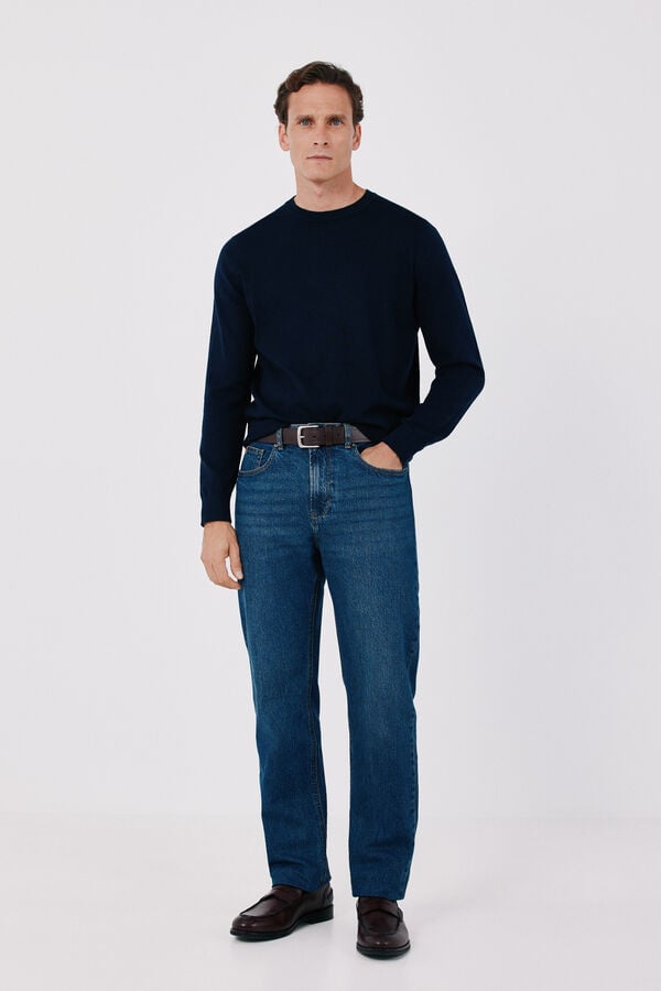 Cortefiel Cotton cashmere knit crew neck jumper Navy