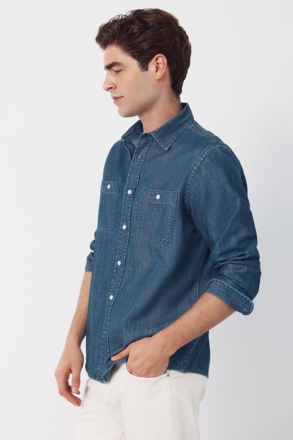 Cortefiel Denim chambray long sleeve shirt Navy