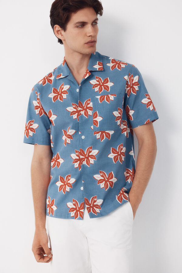 Cortefiel Printed short sleeve shirt Turquoise