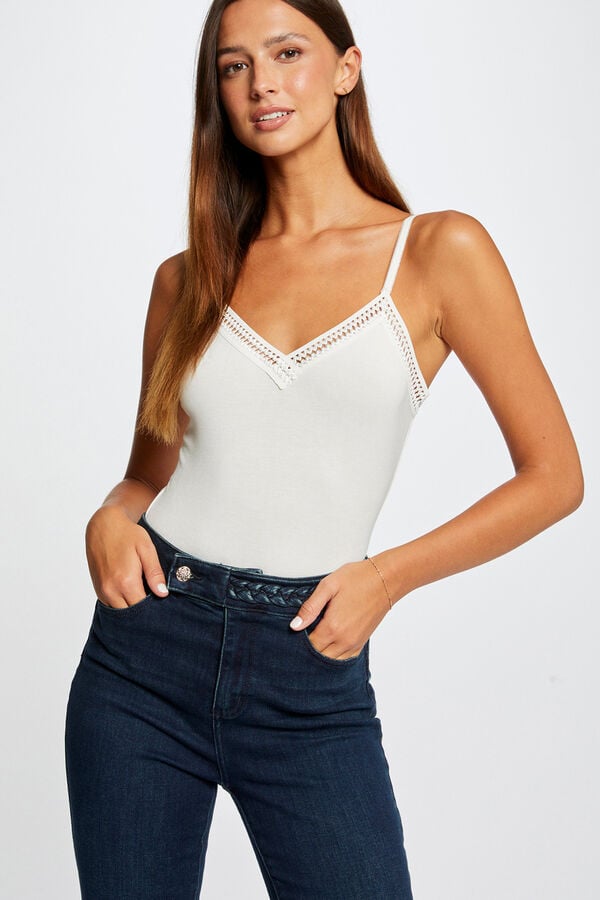 Morgan Top de al&ccedil;as finas com faixas de renda Branco