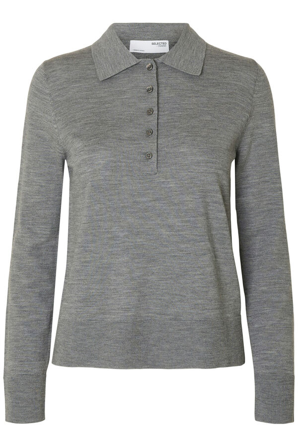 Selected Camisola polo 100% lã merino. Cinzento