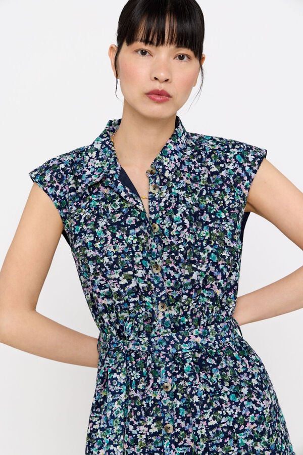Cortefiel Embroidered cotton shirt dress Printed blue
