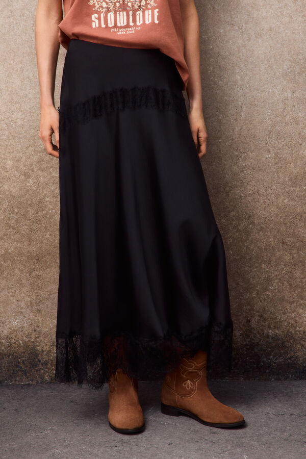 Slowlove Saia midi em cetim e renda Preto